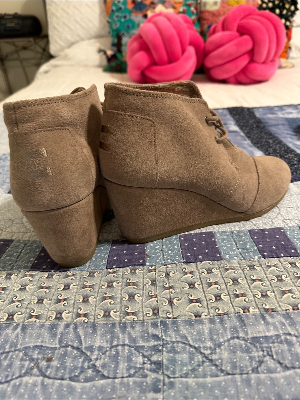 Toms Taupe Suede Lace-Up Wedge Booties